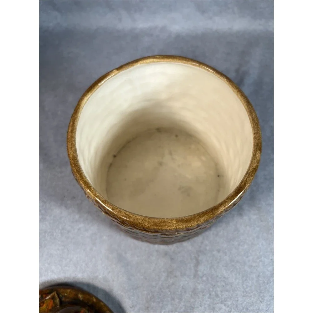 Basket Weave Flowers Grapes Peach Pear Fruit on Lid Ceramic Canister Dated 1974